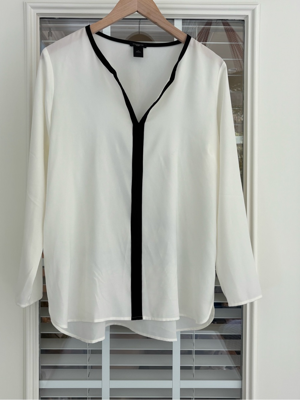 Ann Taylor, petite large, cream blouse/black trim